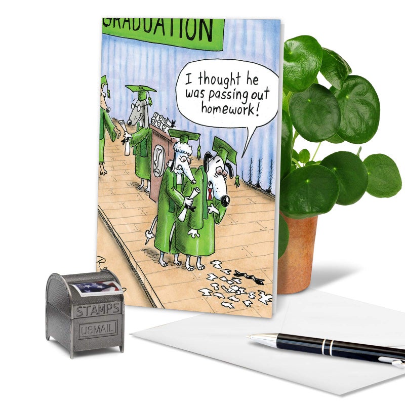 NobleWorks - 1 Funny Happy Graduation Card - Cartoon Humor for Grad, Congrats Graduate Notecard with Envelope - Dog Graduation 3943 - Image 3